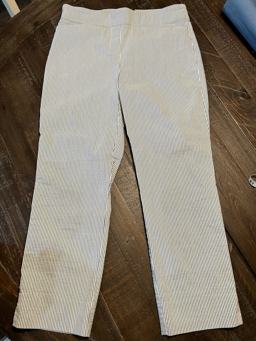 Hilary Radley White with Navy Pinstripe Cropped Pants